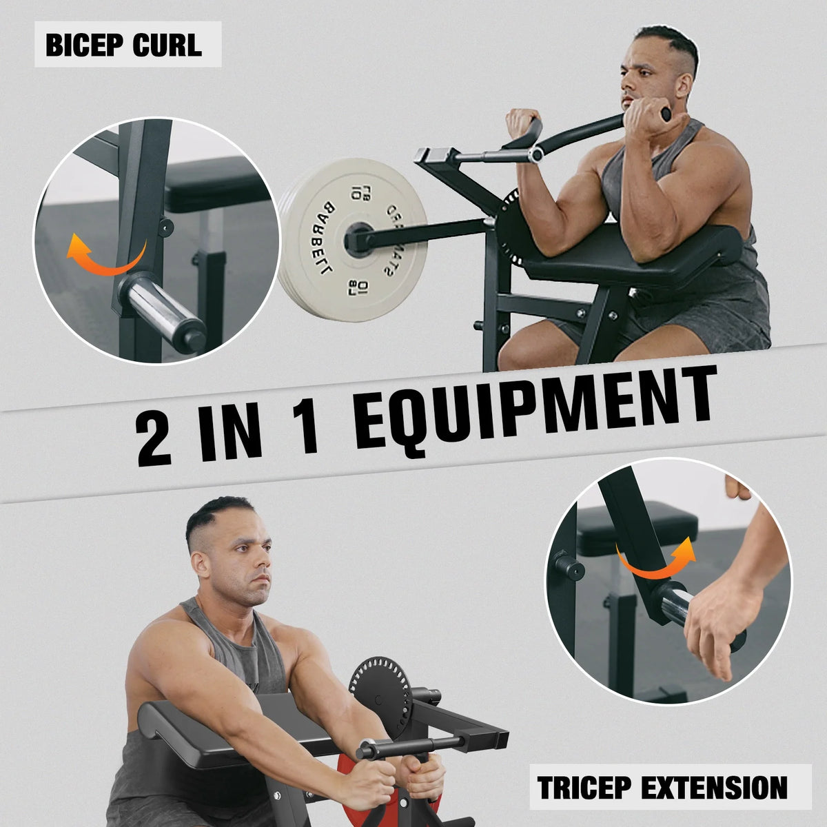 Preacher Curl Bench, Adjustable Seat, 2 in 1 Plate-Loaded Bicep Tricep Curl Machine for Home Gym