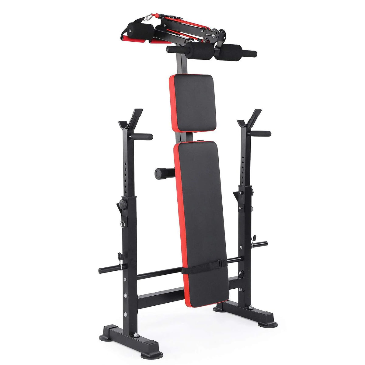 6-In-1 Adjustable Weight Bench Set Bench Press with Squat Barbell Rack/Removable Foot Catch/Rowing Set Ideal for Incline, Flat, Decline, and Sit up Full Body Exercise Equipment