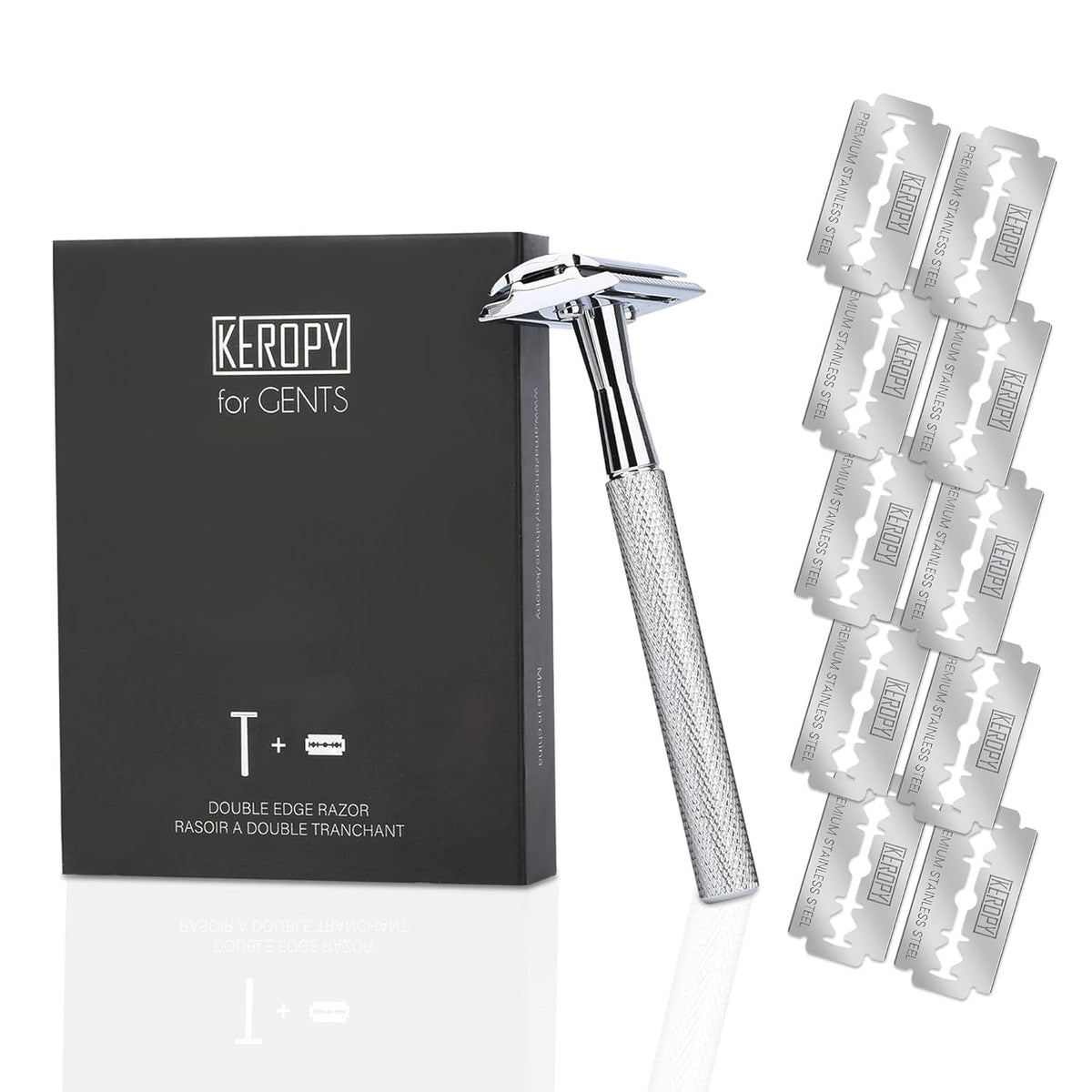 Double Edge Safety Razor with 10 Premium Stainless Steel Reusable Single Blade Razors for Men and Women, Smooth Wet Shave Experience, Glossy Silver