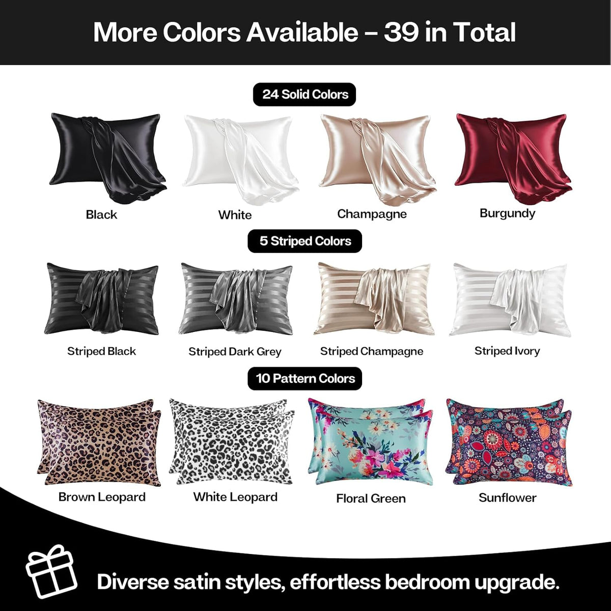 Satin Pillowcase for Hair and Skin, Silk Satin Pillowcase 2 Pack, Queen Size Pillow Cases Set of 2, Silky Pillow Cover with Envelope Closure (20X30, Black)