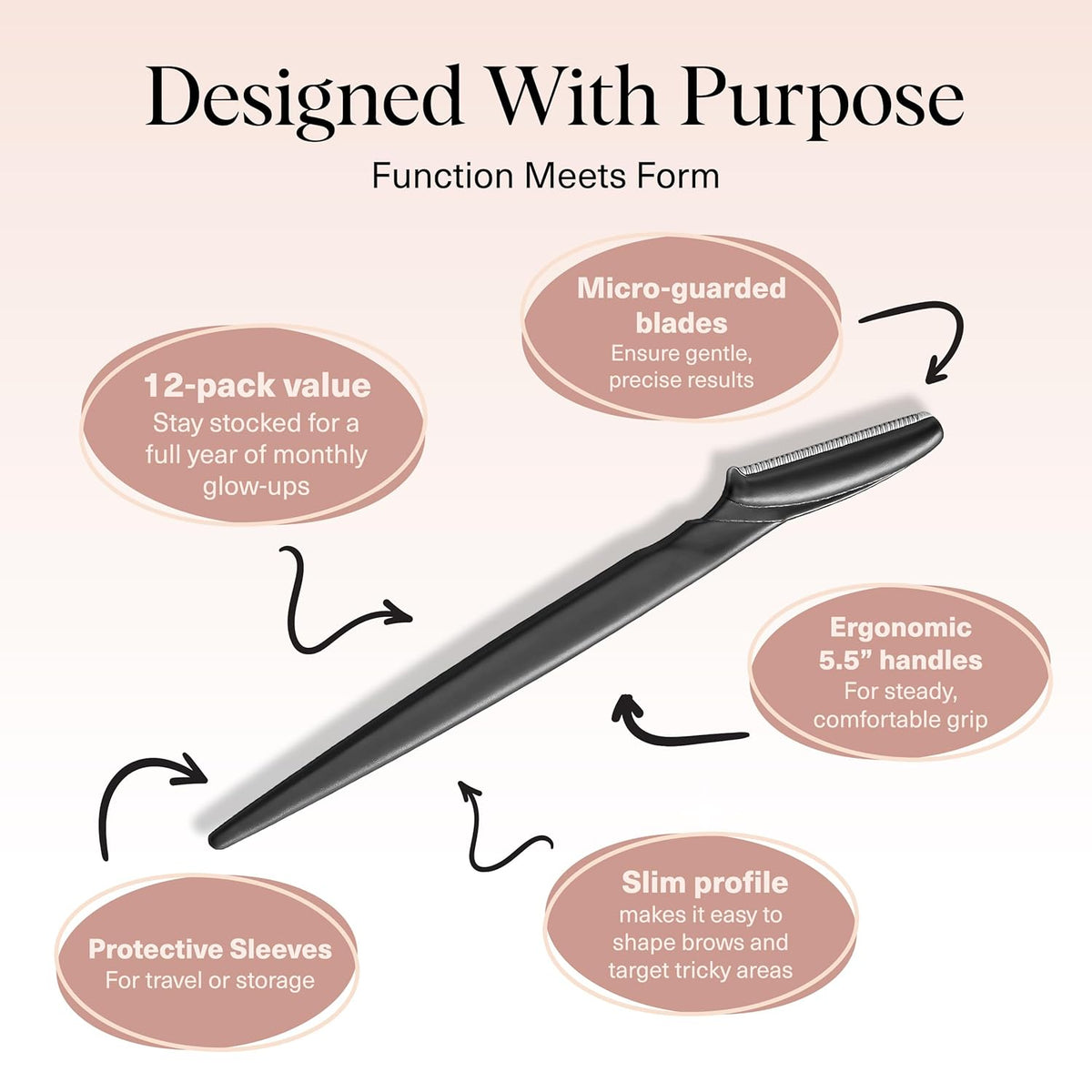 Dermaplane Razor for Women Face - Face Razors for Women and Men - Eyebrow Trimmer, Shaver, Recycled Plastic Dermaplaning and Skin Care Tool - Black, 12 Pcs