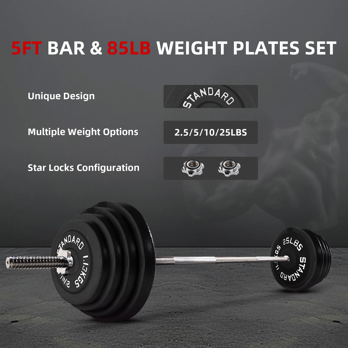 Cast Iron Standard Weight Including 5FT Sectional Standard Barbell with Star Locks, 95-Pound Set