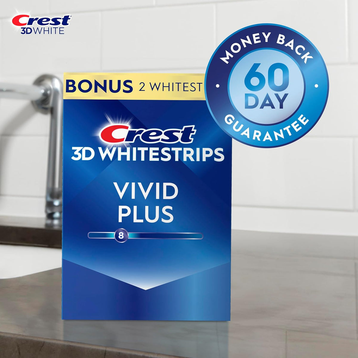 3D Whitestrips Vivid Plus, Teeth Whitening Strip Kit, 10 Treatments + 2 Bonus Treatments (Each with 1 Upper/1 Lower Strip), 24 Strips, 8 Levels Whiter, Teeth Whitening Kit