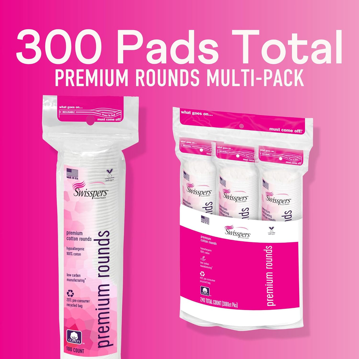 Premium Cotton Rounds – 100 Count (Pack of 3) - 100% Pure Cotton - Soft, Absorbent, Hypoallergenic Pads for Makeup Removal, Skincare, Baby Care and Facial Cleansing - Lint Free