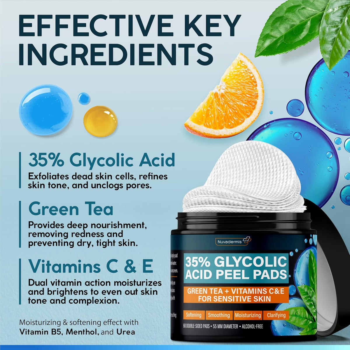 35% Glycolic Acid Peel Pads – Exfoliating Facial Resurfacing for Blackheads, Dark Spots, and Acne – Safe for Sensitive Skin – 60 Double-Sided Pads