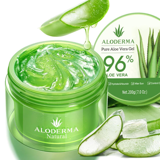 Organic Aloe Vera Gel for Face & Body, 96% Pure Aloe Gel Made within 12 Hours of Harvest, Ideal for Skin, Scalp, & Hair Hydration, Calming Moisturizer for Soothing after Sun Care, 7.05Oz