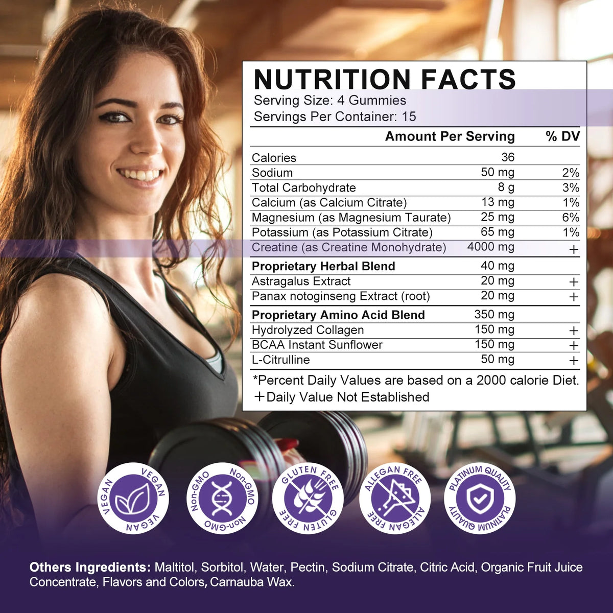 Creatine Monohydrate Gummies for Women & Men, Boost Focus, Strength, and Endurance, Gluten-Free, Non-Gmo, 4 Grams of Creatine per Serving , 60 Gummies