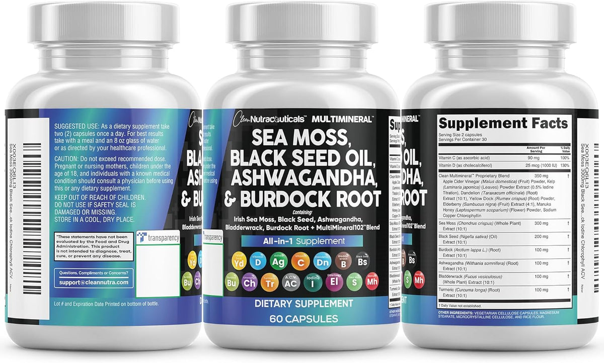 Sea Moss Black Seed Oil Ashwagandha Turmeric Bladderwrack Burdock & Vitamin C Vitamin D3 with Elderberry Manuka Dandelion Yellow Dock Iodine Chlorophyll ACV
