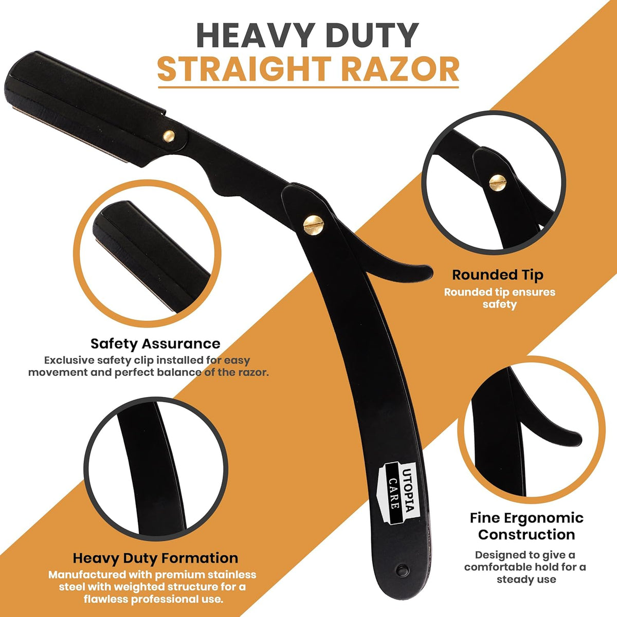 Professional Straight Razor for Men, Barber Straight Edge Razor Safety with 100 Pack Blades, Black