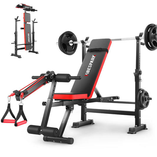 6-In-1 Adjustable Weight Bench Set Bench Press with Squat Barbell Rack/Removable Foot Catch/Rowing Set Ideal for Incline, Flat, Decline, and Sit up Full Body Exercise Equipment