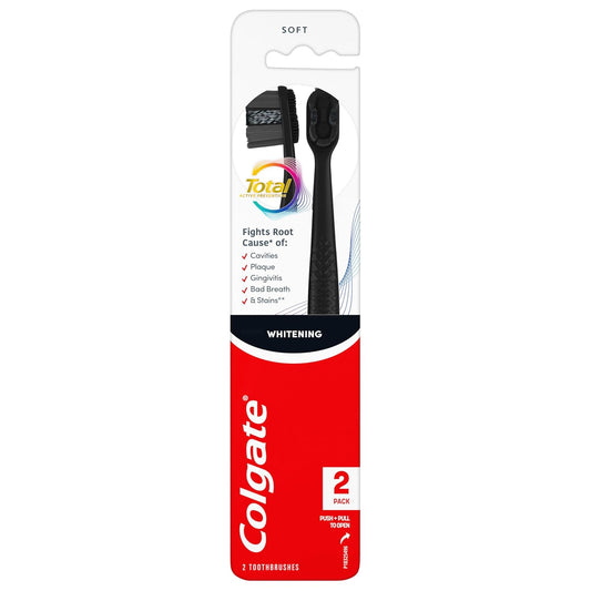 Total Active Prevention Soft Bristle Whitening Toothbrushes, Soft Toothbrush with Charcoal Infused Bristles, Helps Whiten and Reaches Deeper along the Gumline and between Teeth, Black, 2 Pack