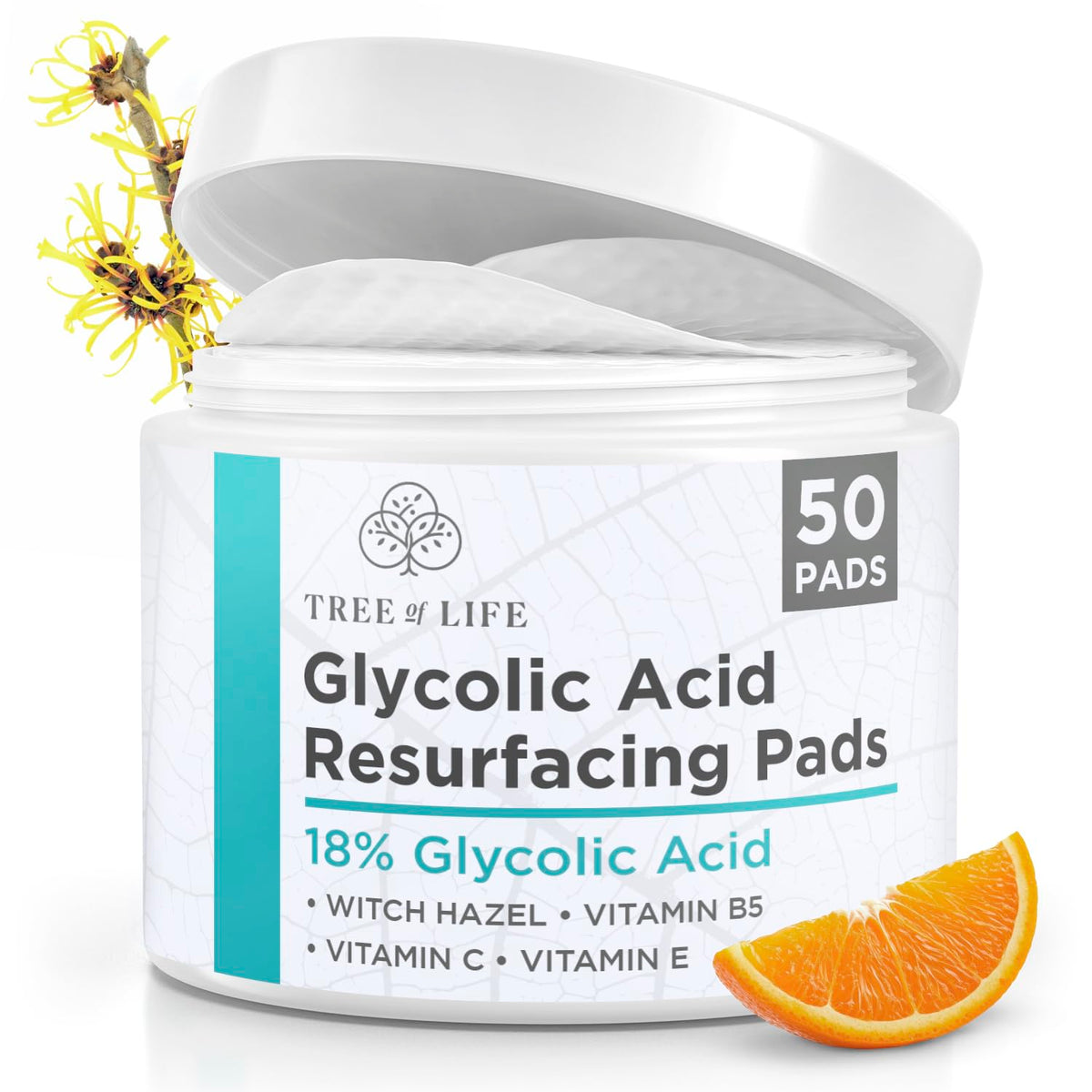 18% Glycolic Acid Pads for Face (50 Pads) - Exfoliating Pad for Face with Witch Hazel, Vitamin C, Vitamin B5 and Vitamin E - Smooth Pore Pad Reduce Pigmentation and Fine Lines