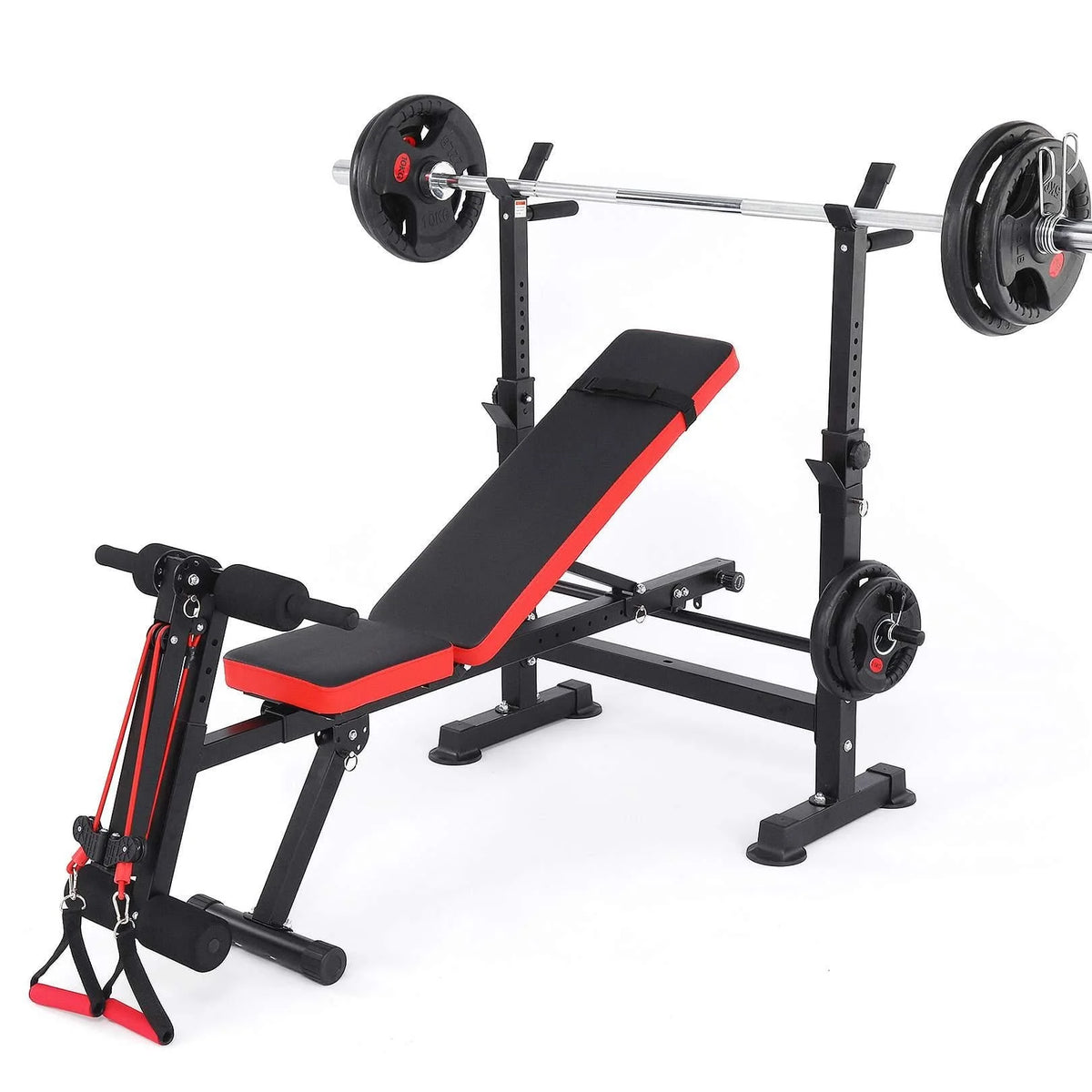 6-In-1 Adjustable Weight Bench Set Bench Press with Squat Barbell Rack/Removable Foot Catch/Rowing Set Ideal for Incline, Flat, Decline, and Sit up Full Body Exercise Equipment