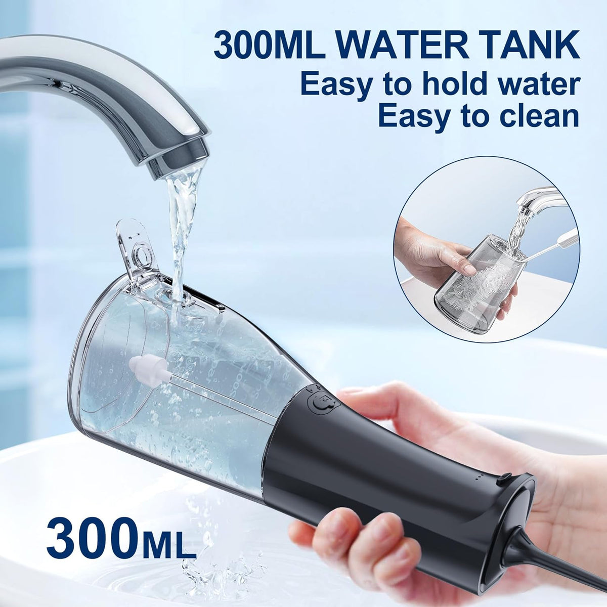 Water Dental Flosser OLED Display Cordless Teeth Cleaning  5 Modes Oral Irrigator 300ML Portable and USB C Rechargeable IPX7 Waterproof Floss Teeth Pick (Black)