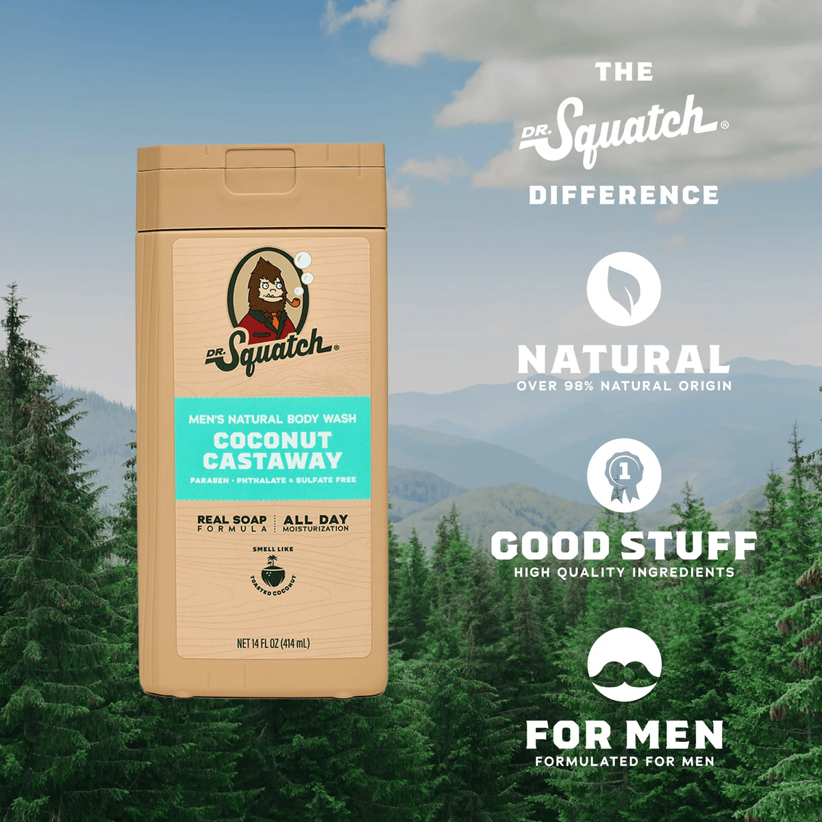 Coconut Castaway Natural Body Wash for Men, 14 Fl Oz