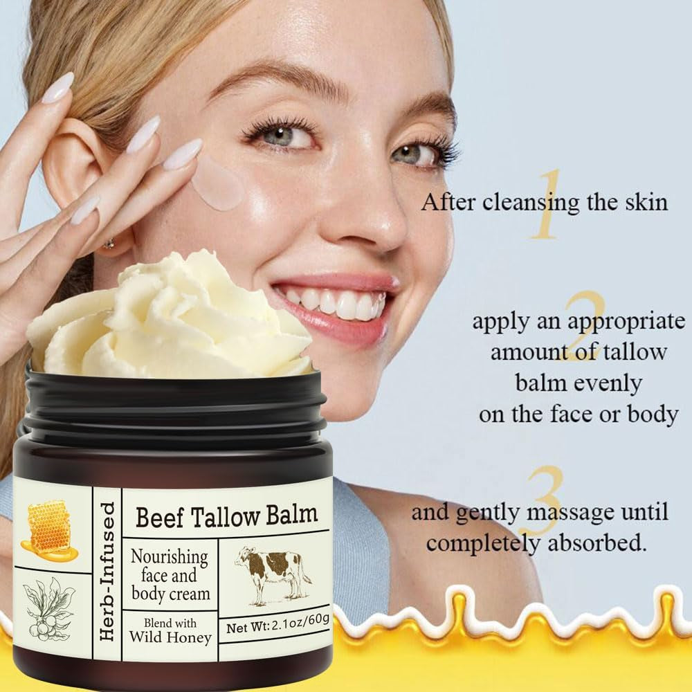 Beef Tallow for Skin - Organic Grass-Fed Whipped Beef Tallow and Honey Balm - Deeply Moisturizing for Face & Body - Natural Skin Care for Soft, Supple Skin