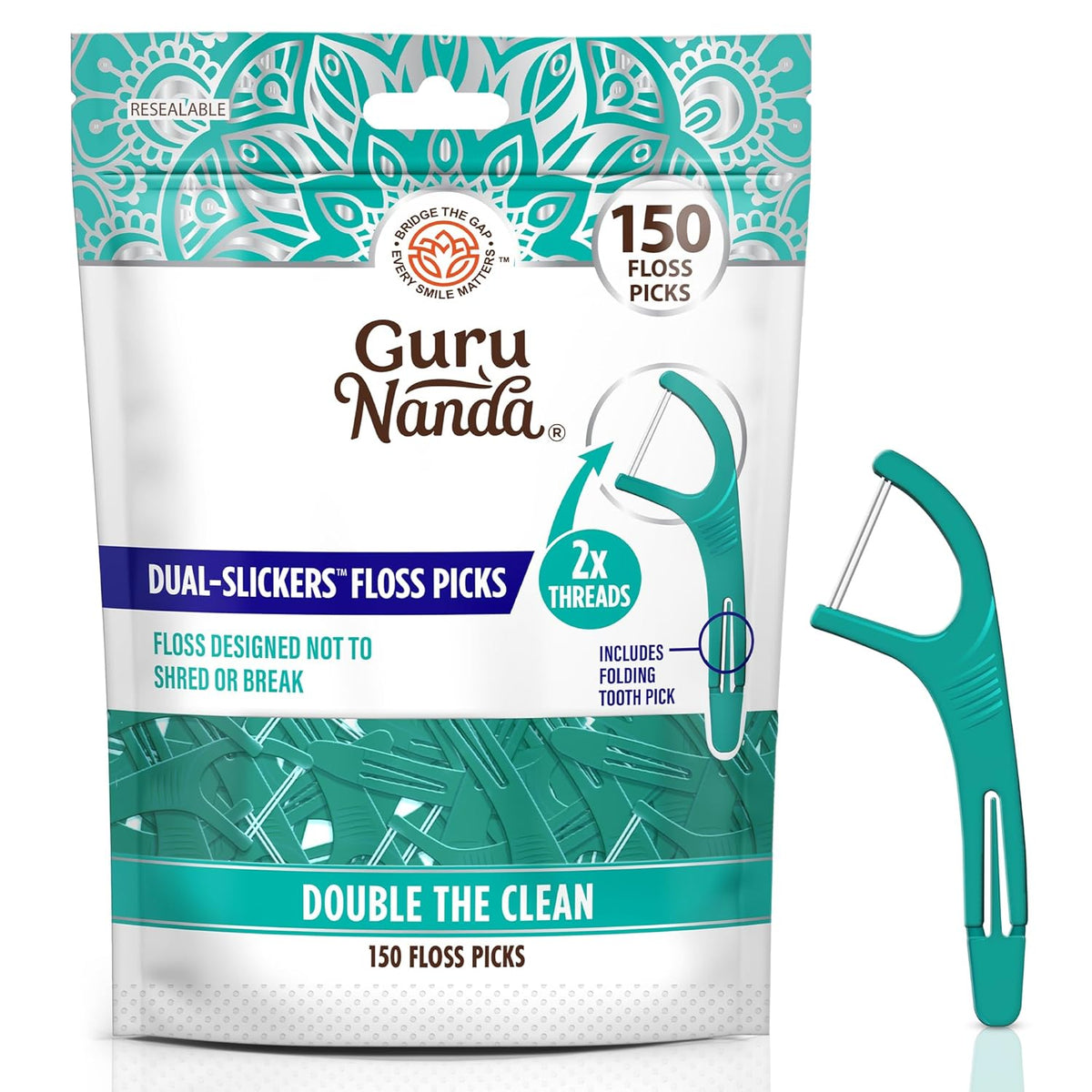 Dual Slickers Floss Picks - Double Threaded Dyneema Dental Floss with Foldable Toothpick for Effective Plaque Removal - Unflavored- 150 Ct