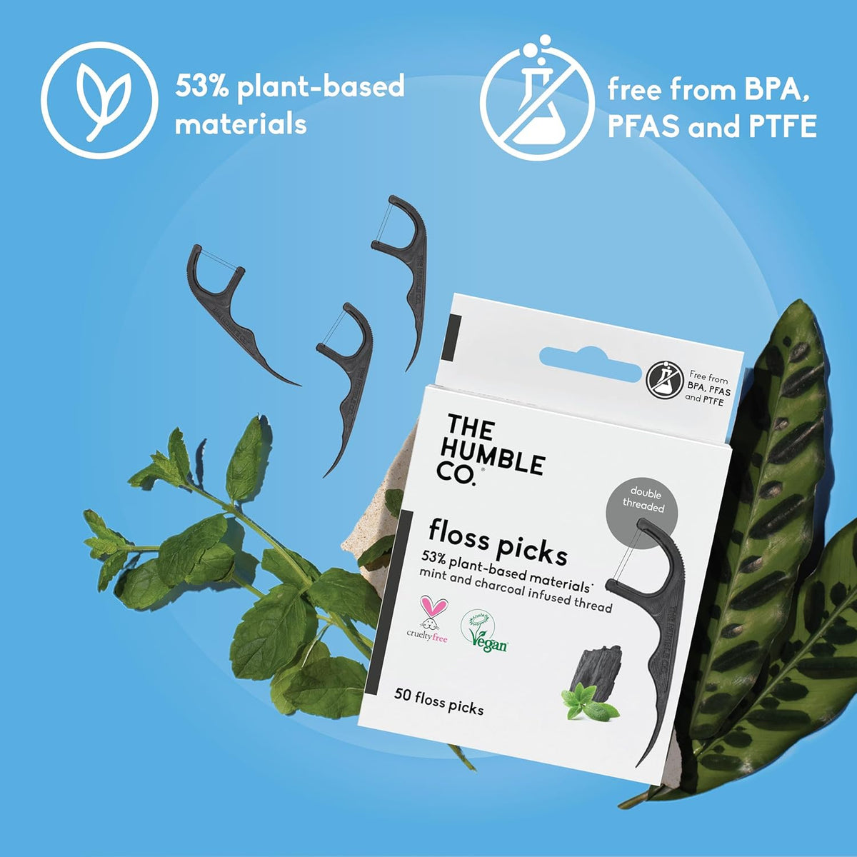 Floss Picks (200 Count) – Plant Based Dental Floss Picks for Superior Oral Care, Dental Hygiene, and Gum Health, Cruelty Free Tooth Floss Picks (Charcoal, Double Thread)