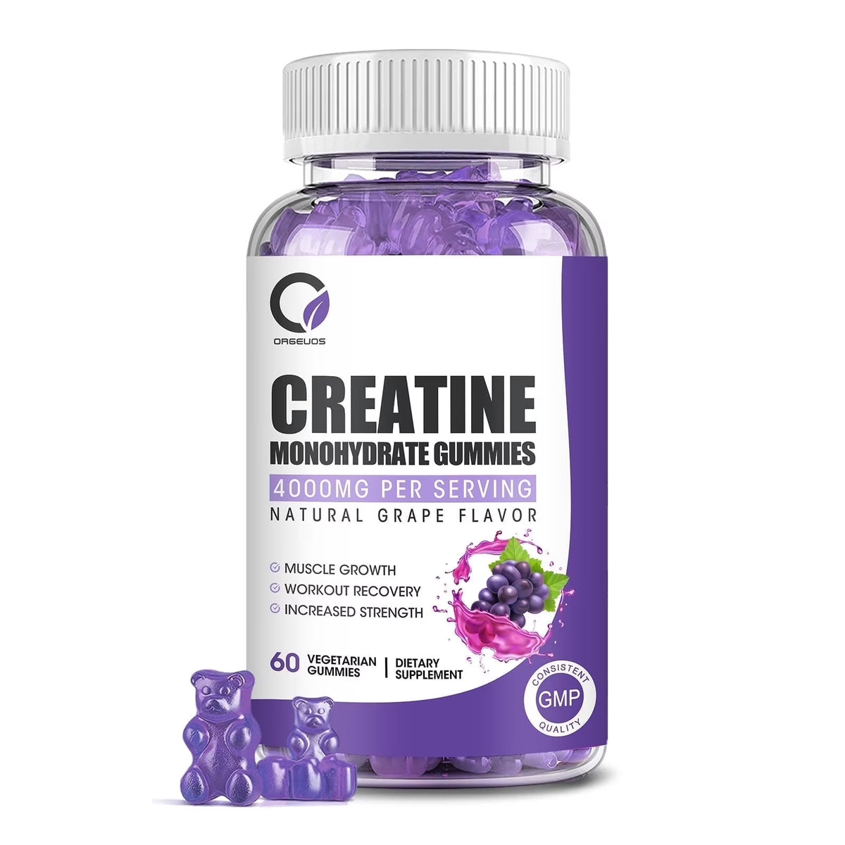 Creatine Monohydrate Gummies for Women & Men, Boost Focus, Strength, and Endurance, Gluten-Free, Non-Gmo, 4 Grams of Creatine per Serving , 60 Gummies