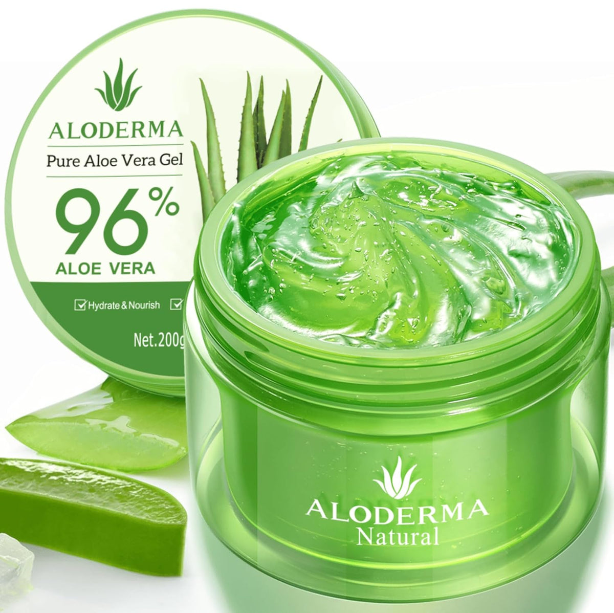 Organic Aloe Vera Gel for Face & Body, 96% Pure Aloe Gel Made within 12 Hours of Harvest, Ideal for Skin, Scalp, & Hair Hydration, Calming Moisturizer for Soothing after Sun Care, 7.05Oz