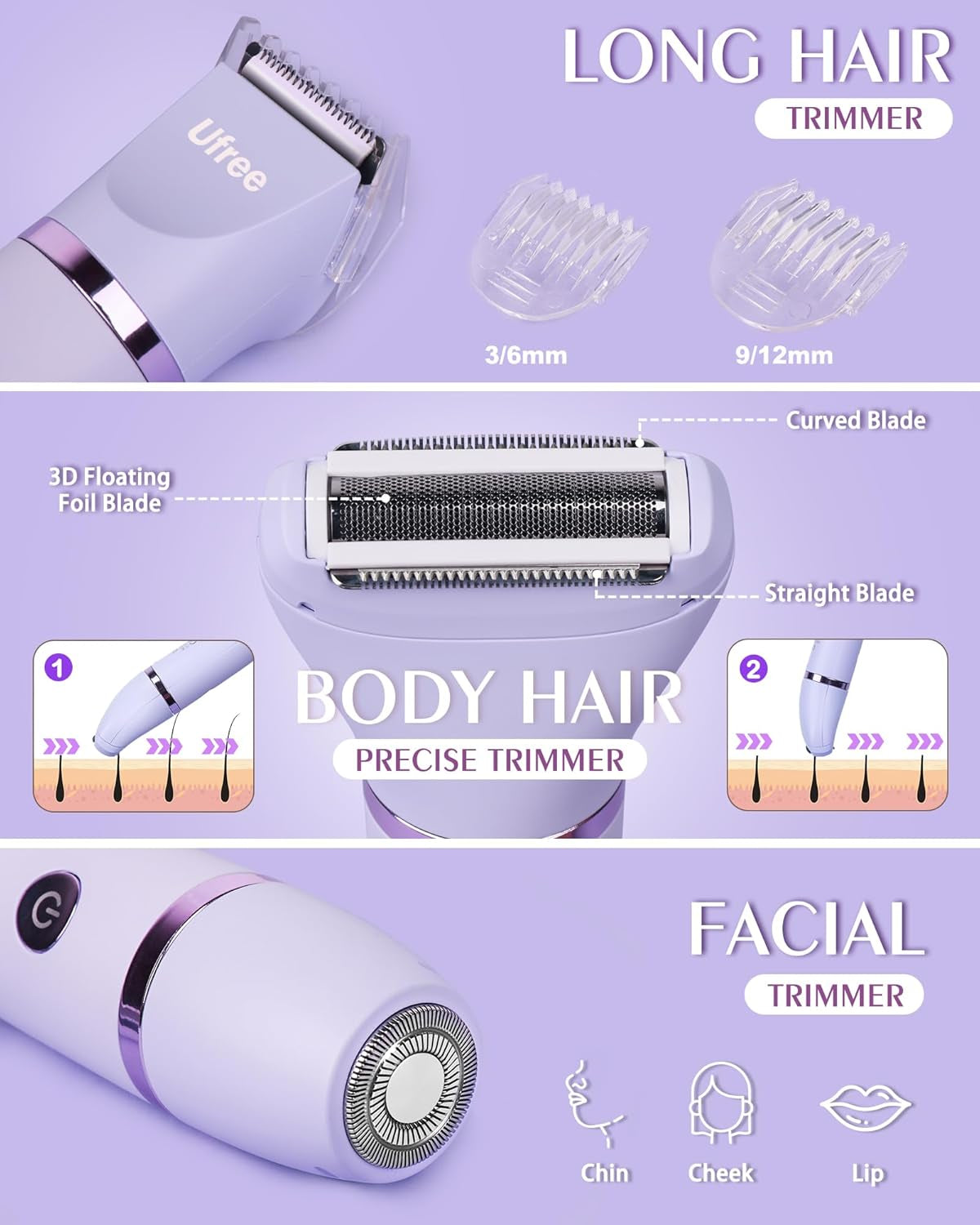Bikini Trimmer Electric Razors for Women, Rechargeable Pubic Body Hair Trimmer Electric Shaver for Legs Body Hair, Bikini Shaver IPX7 Waterproof, Gifts for Women, Purple