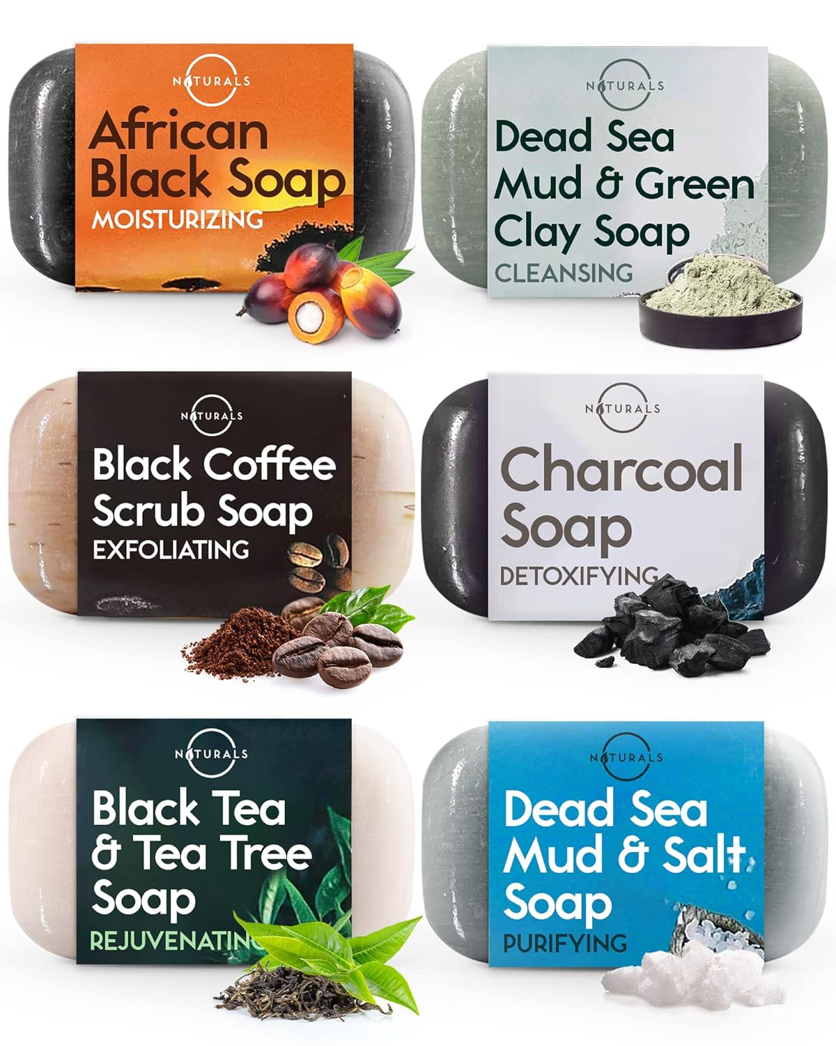 100% Natural Bar Soap - Gift Set - Organic Ingredients & Essential Oils - Spa Gifts for Women & Men, Body Wash & Face Soap - 6PC Black Soap Collection