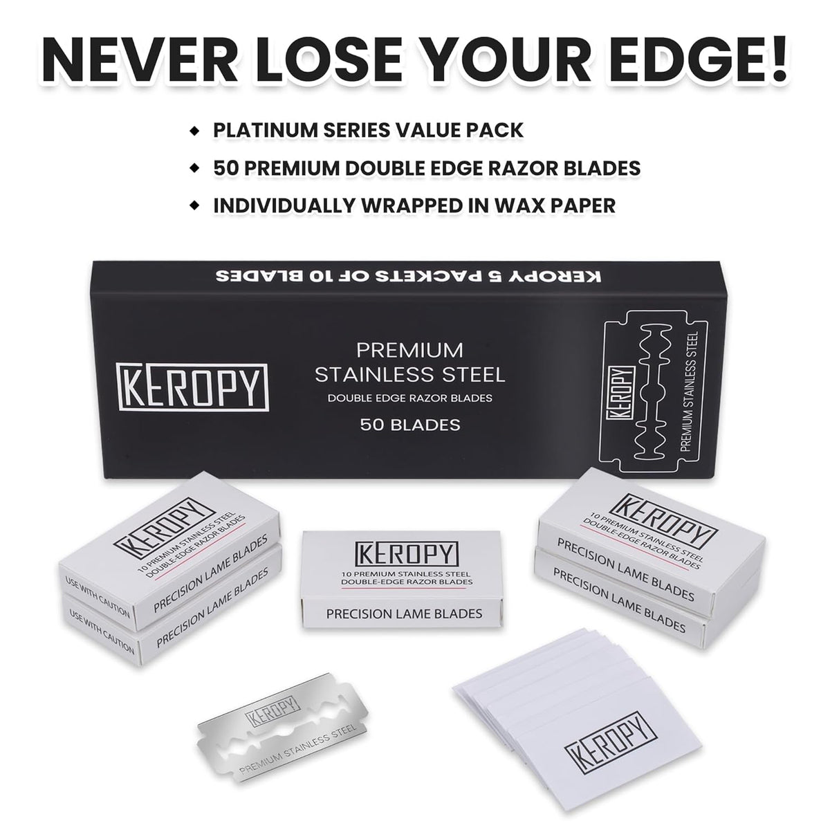 Double Edge Safety Razor Blades-50 Count Premium Razor Blades, Surgical Stainless Steel with Chromium Coating&3X Sharper Edges, Zero Irritation, Fits Most of Safety Razors, Sensitive Skin Safe