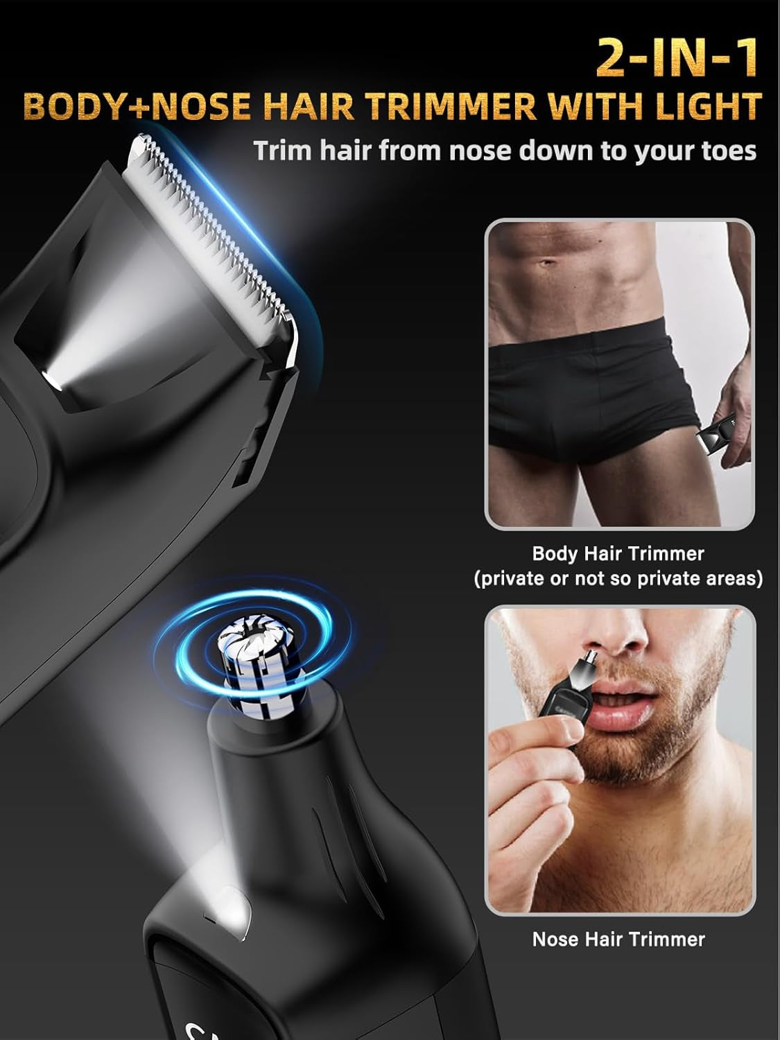 2-In-1 Body and Nose Hair Trimmer for Men - Safe Portable Electric Razor for Ball Groin with LED Light, IPX7 Professional Electric Shavers for Men Pubic, Underarm, Nose, Ear, Beard, Head