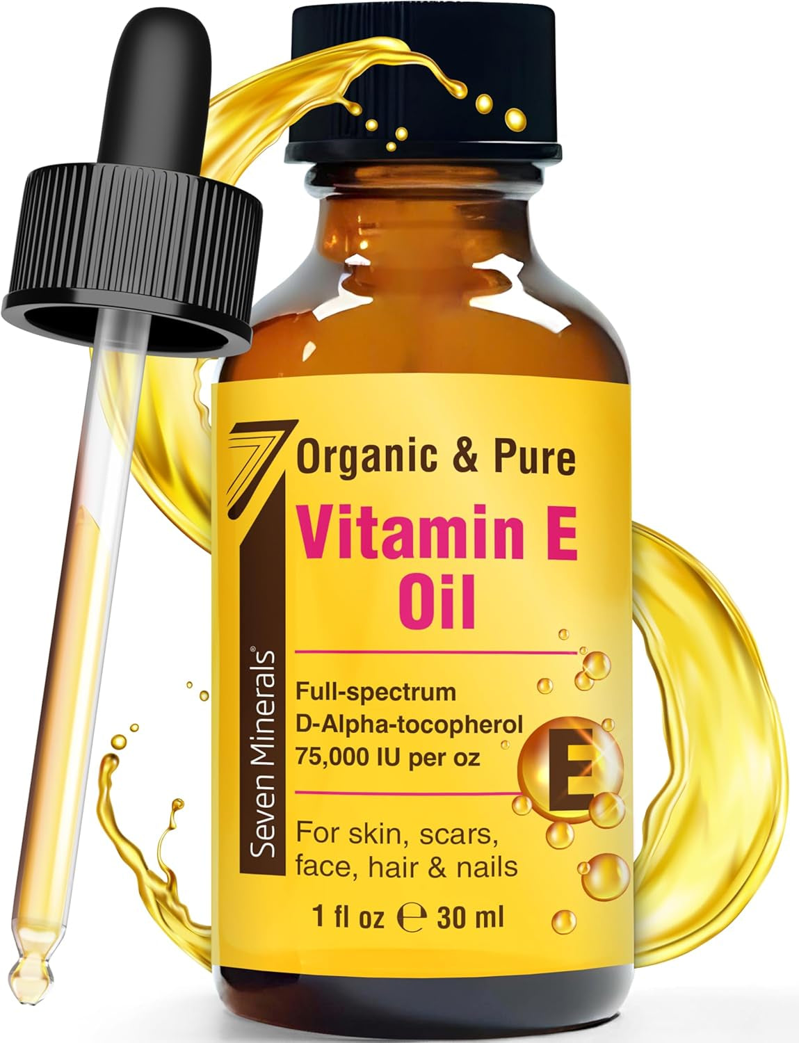 Ultra Pure Vitamin E Oil - 75,000 I.U. Full-Spectrum D-Alpha Tocopherol, 1 Fl Oz - 100% Organic Vitamin E Oil for Skin, Face, Hair, and Scars - Naturally Occurring = Not Synthetic