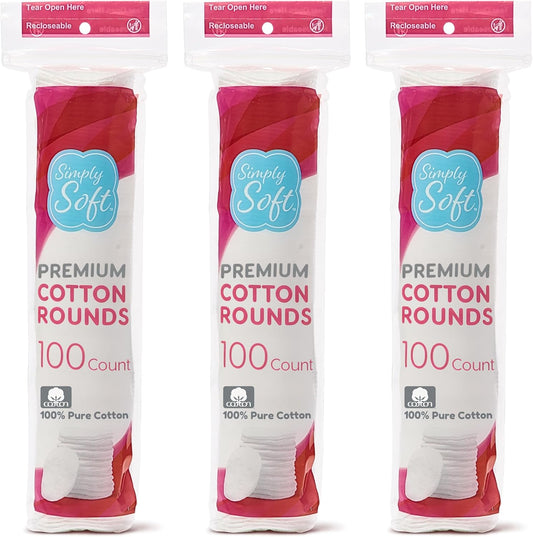 Simply Soft Cotton Rounds (300 Count), 100% Cotton Absorbent and Textured Cotton Pads, Lint-Free