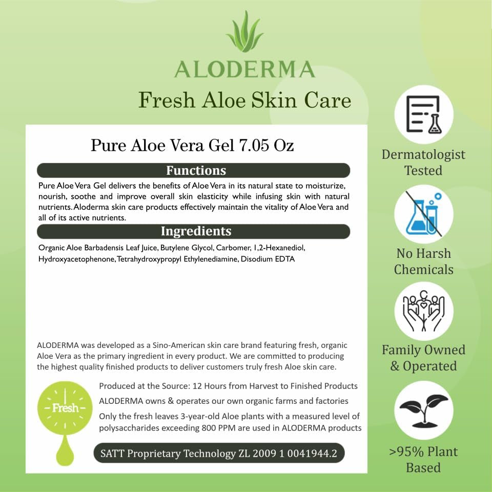 Organic Aloe Vera Gel for Face & Body, 96% Pure Aloe Gel Made within 12 Hours of Harvest, Ideal for Skin, Scalp, & Hair Hydration, Calming Moisturizer for Soothing after Sun Care, 7.05Oz