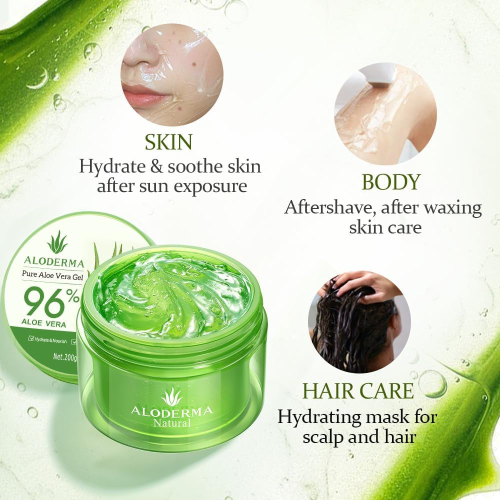 Organic Aloe Vera Gel for Face & Body, 96% Pure Aloe Gel Made within 12 Hours of Harvest, Ideal for Skin, Scalp, & Hair Hydration, Calming Moisturizer for Soothing after Sun Care, 7.05Oz