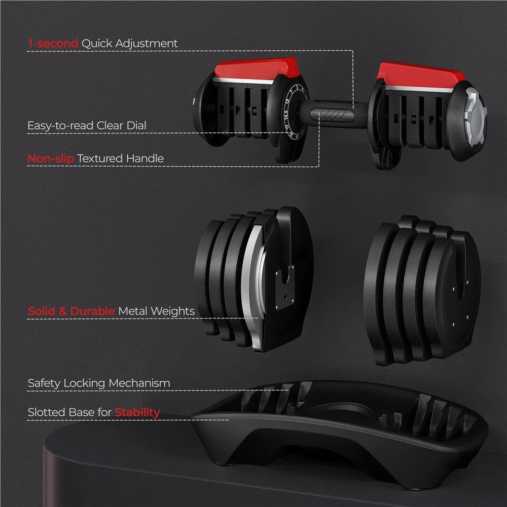 3-40Lbs Quick Adjust Dumbbell Set for Home Gym, Set of 2, Black/Red