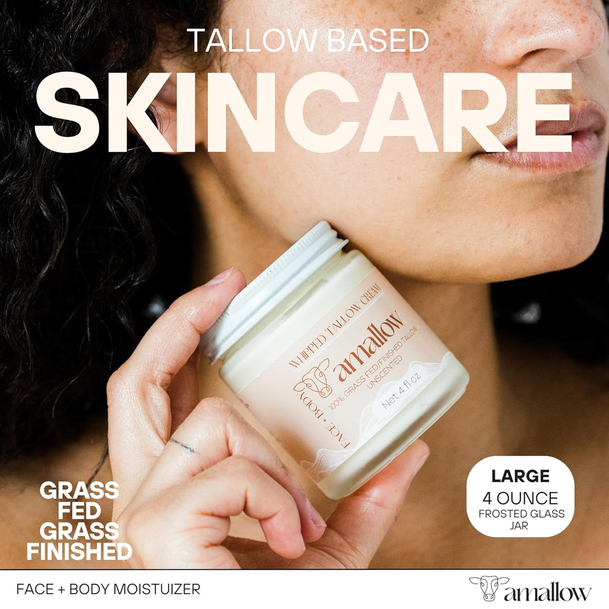 100% Grass Fed Beef Tallow for Skin Care - Face + Body - Whipped Moisturizer for Sensitive Skin - Natural Lotion, 4 FL. Oz. (Unscented)