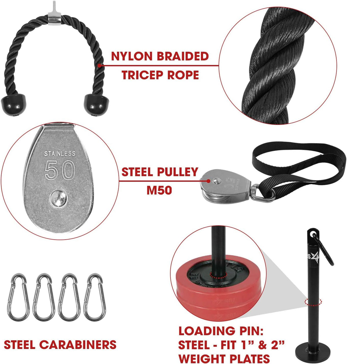 Weight Plate Loading Pin 1 Inch and 2 Inch, Fitness LAT Cable Pulley System Gym, Heavy Duty Gym Equipment for Home with Tricep Rope Cable Attachment