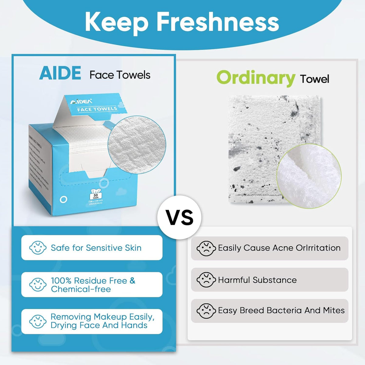 Face Towels Disposable-100Ct (2 Box), Clean Facial Towelettes for Sensitive Skin, Cleansing Wipes for Makeup Removing, Nursing, Travel, Dry Wipes Face Cloths