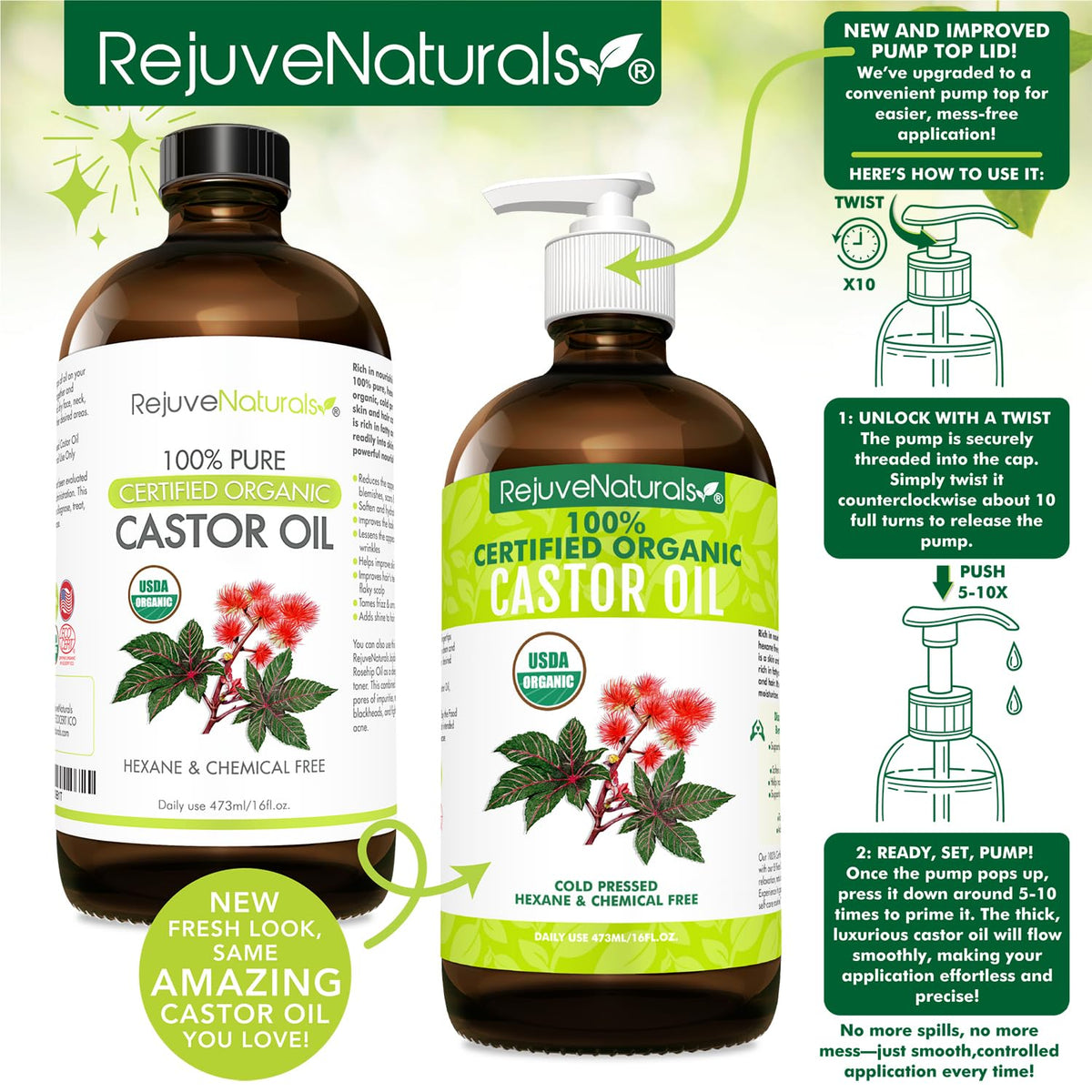 Castor Oil (16Oz Glass Bottle) USDA Certified Organic, 100% Pure, Cold Pressed, Hexane Free. Boost Hair Growth for Thicker, Fuller Hair, Lashes & Eyebrows.