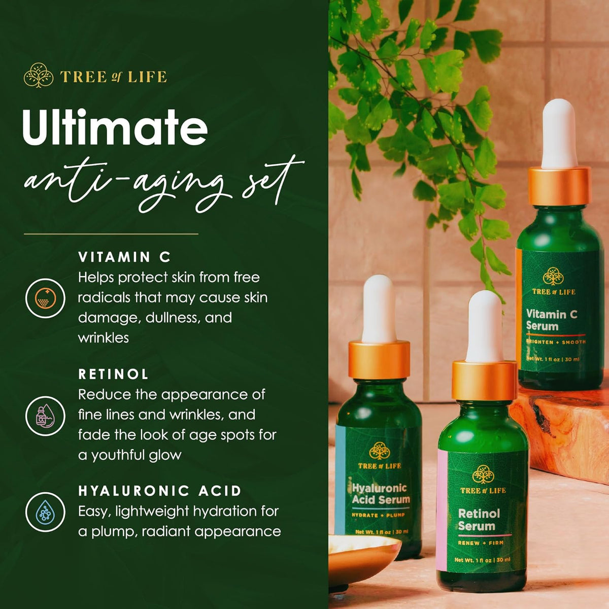 Facial Skin Care Set, Brightening, Firming, Hydrating, Dry Face, Dermatologist Tested - Trio Power Kit, Vitamin C, Retinol and Hyaluronic Acid, 3 Count of 1 Fl Oz