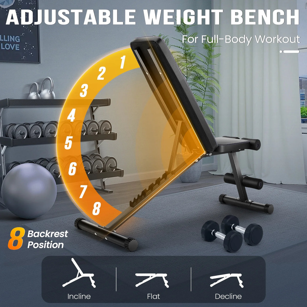 660LBS Foldable Weight Bench for Home Gym, Workout Bench Press with Fast 8 Adjustable Backrests, Incline/Flat/Decline Olympic Bench for Full Body Strength Training