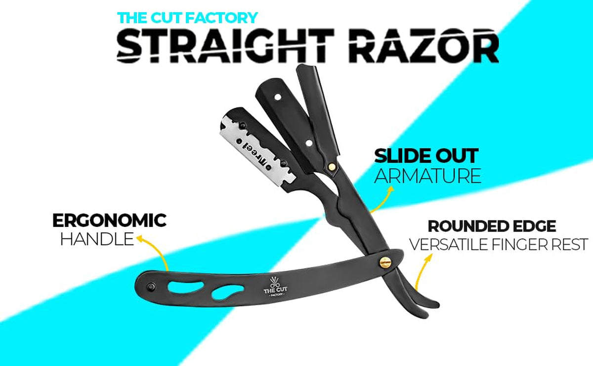 The Cut Factory® Straight Razor for Men Professional Barber Straight Edge Razor for Comfortable Smooth Shave. Gift Box Leather Pouch 20 Single Edge Blades. Our Blades Never Fall