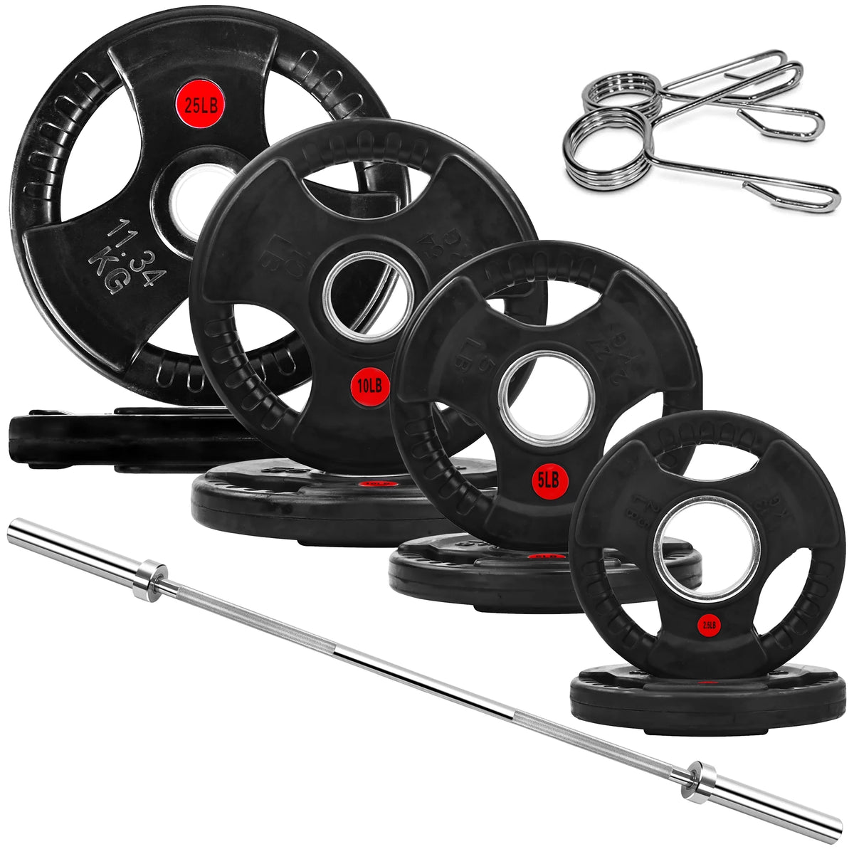 2" Rubber Olympic Grip Weight Plates Set, Including 5FT Standard Barbell with Locks, 85Lbs Weight Plates Set(2X 2.5Lb, 2X 5Lb, 2X 10Lb, 2X 25Lb), Rubber Grip Weight Plate