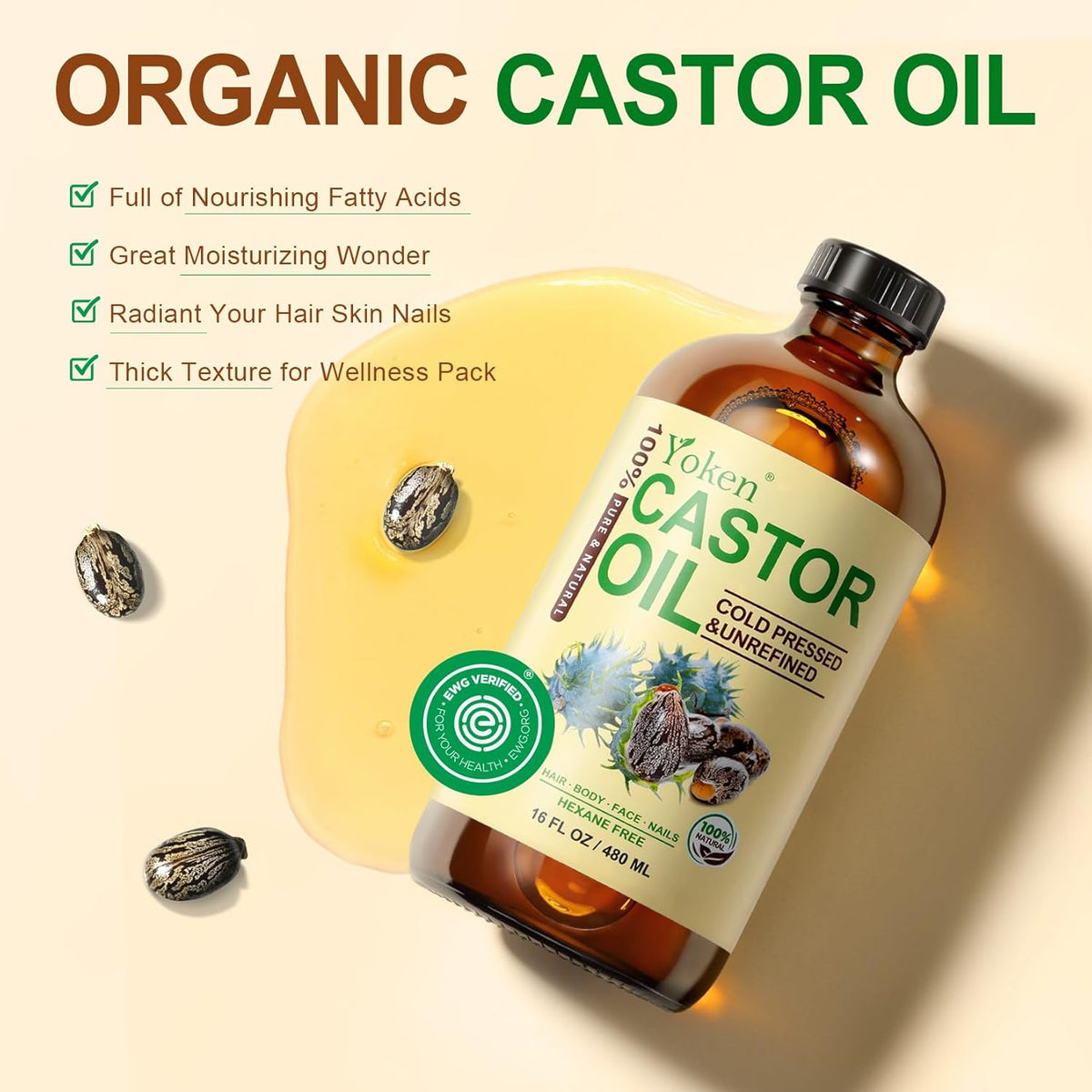EWG Verified Castor Oil Glass Bottle 16 Fl Oz 100% Pure Natural Cold Pressed Castor Oil for Face, Body, Hair, Eyelash, Skin - Hexane Free, Unrefined, Virgin, Rich Fatty Acid for Caster Pack Wrap