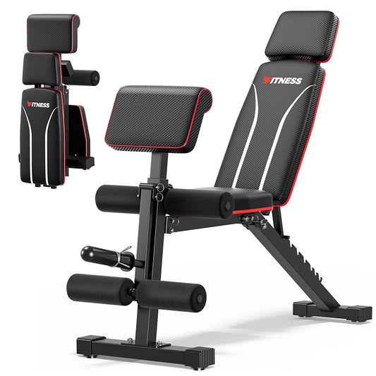 7 Positions Adjustable Weight Bench with Extended Headrest & Preacher Curl,Foldable Workout Bench Olympic Weight Bench for Home Gym Full Body Strength Training,Support up to 800Lbs