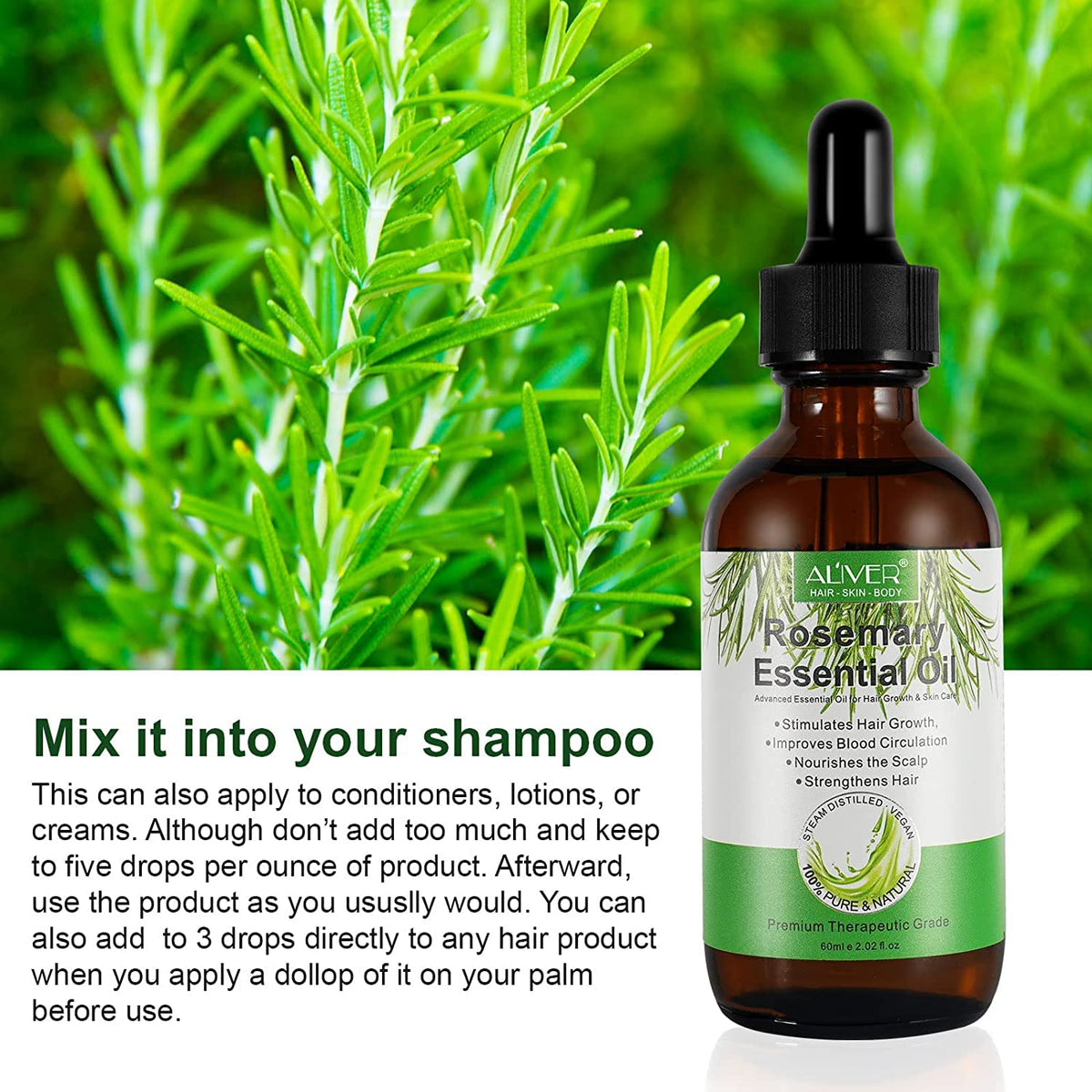 Pure Natural Rosemary Essential Oils - 2 Pack, Hair Growth Scalp Oil for Dry Damaged Hair(2.02 Fl Oz)