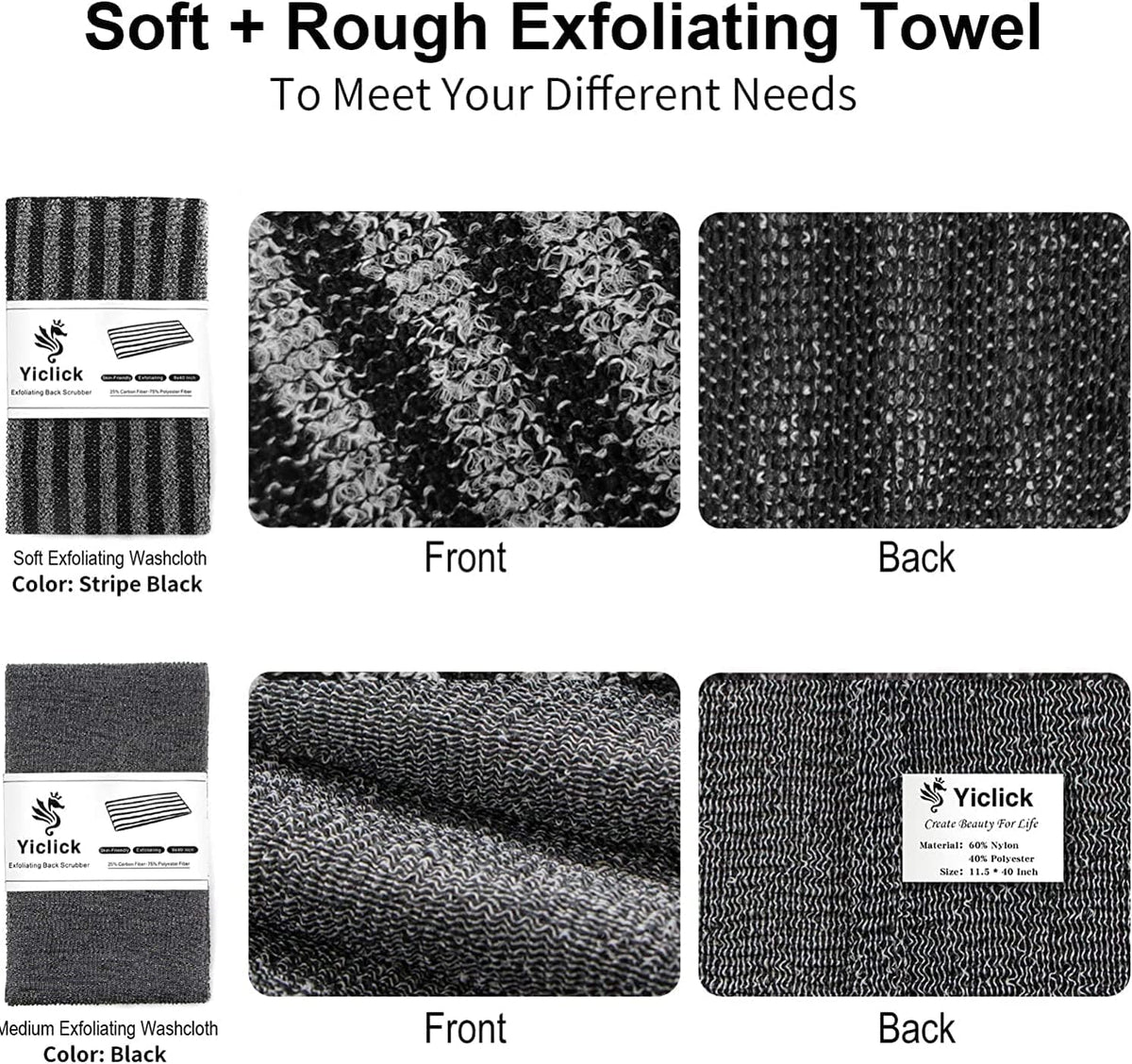 Exfoliating Body Scrubber, Back Scrubber for Shower Bath, Japanese Scrub Wash Cloth, Exfoliating Washcloth Towel for Men Women, Body Exfoliator Loofah Luffa Sponge Net Rag Back Washer (Black)