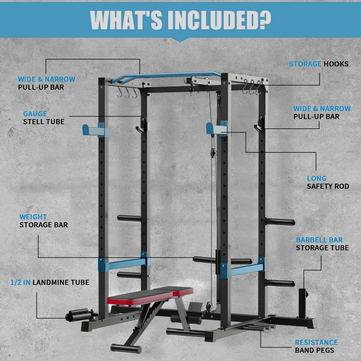 Power Cage, 1200Lbs Multi-Function Power Rack with Lat Pulldown and Pulley System and More Training Attachment, Weight Cage for Home Gym