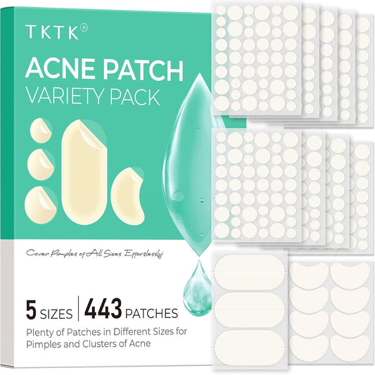 443 Count Pimple Patches for Face, Hydrocolloid Acne Patch Bulk, Acne Stickers for Covering Cheeks, Forehead, Chin Blemishes Zit Breakouts for All Skin Types (Dots, Strip, Contoured 5 Sizes)