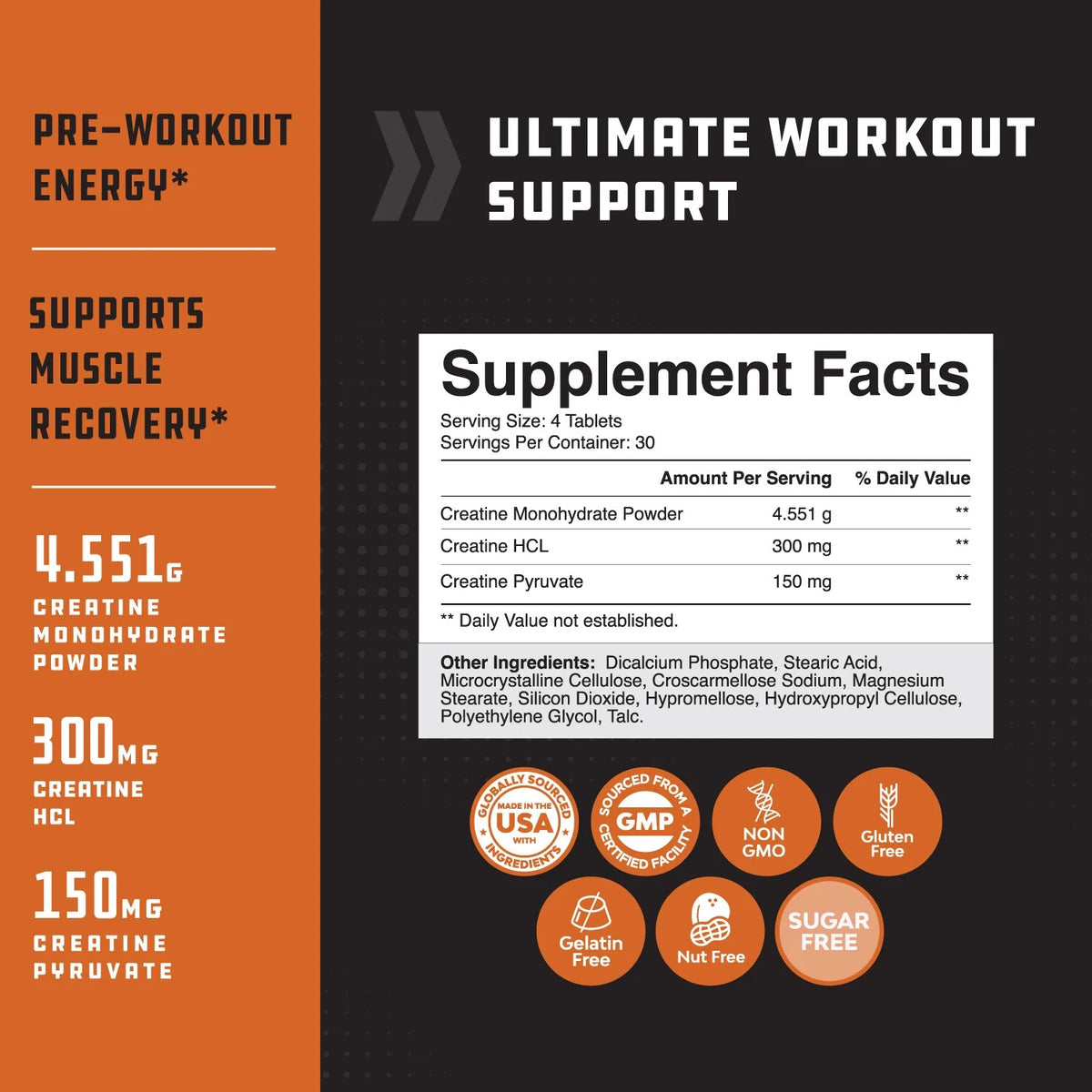 High Strength Tri-Phase Creatine, Muscle Mass Gain and Recovery Supplement, 120 Tablets