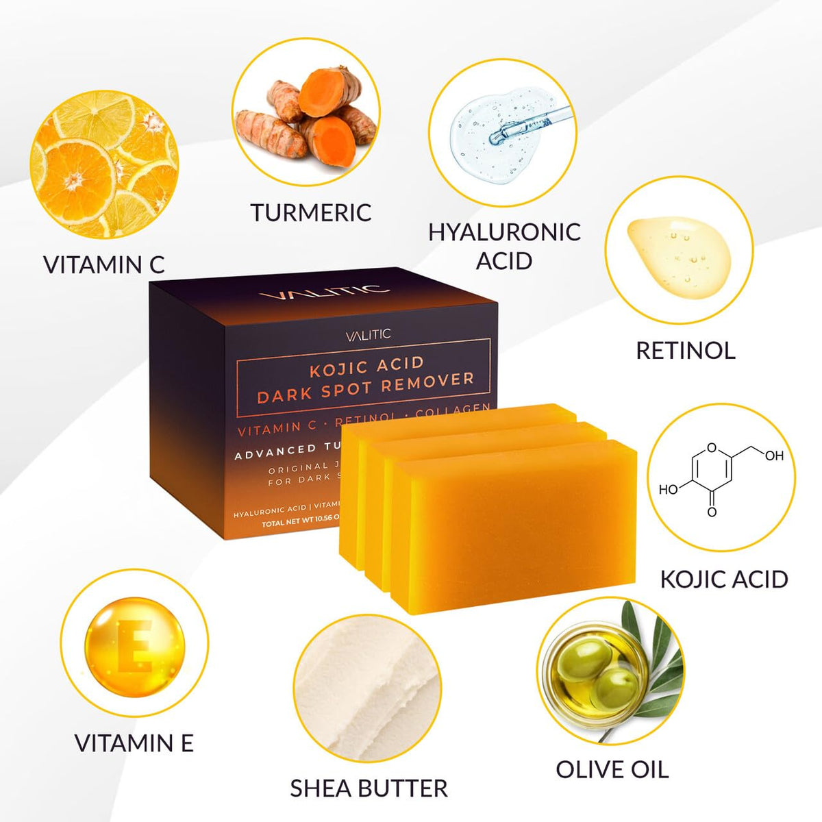 Kojic Acid Dark Spot Remover Soap Bars with Vitamin C, Retinol, Collagen, Turmeric - Original Japanese Complex Infused with Hyaluronic Acid, Vitamin E, Shea Butter, Castile Olive Oil (3 Pack)