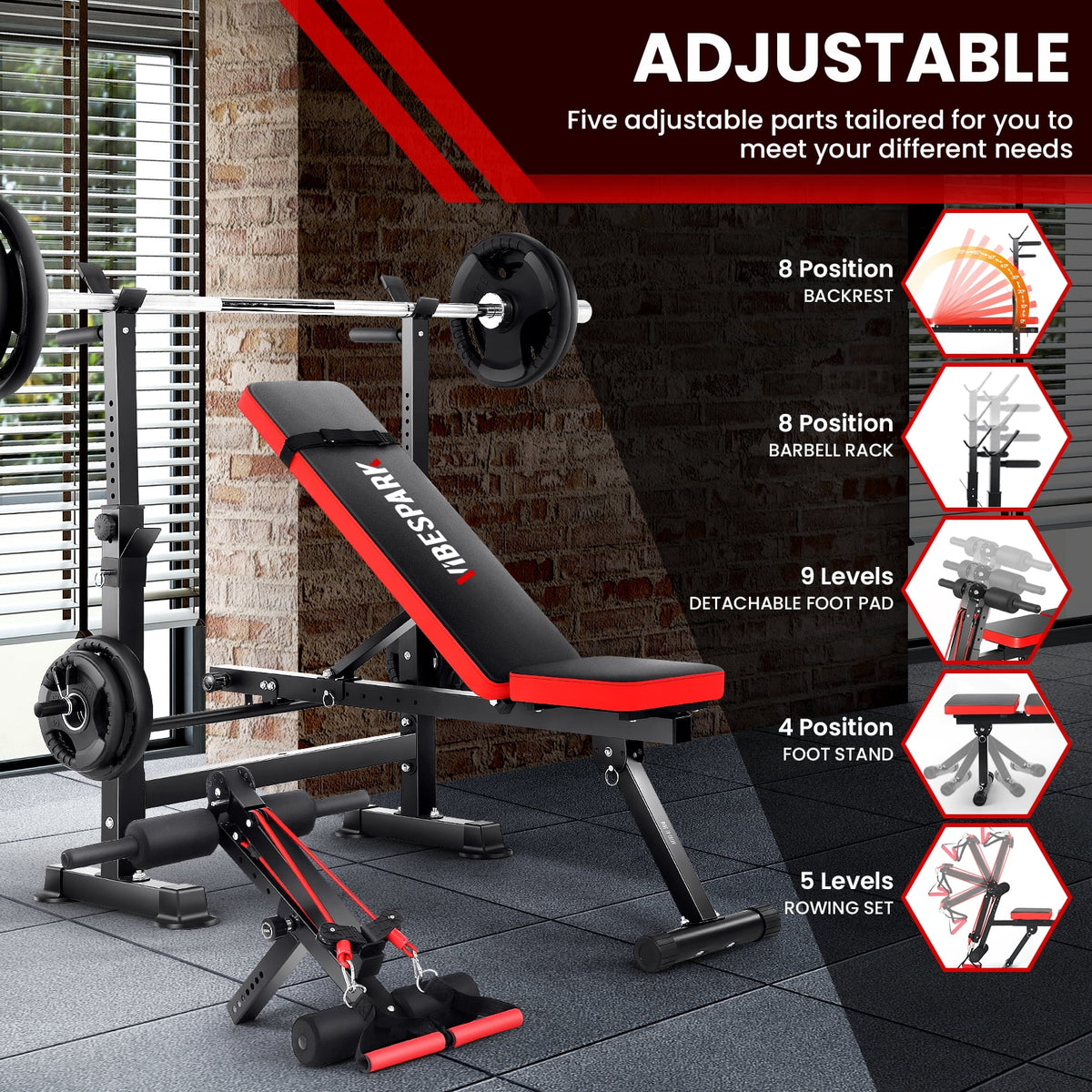 6-In-1 Adjustable Weight Bench Set Bench Press with Squat Barbell Rack/Removable Foot Catch/Rowing Set Ideal for Incline, Flat, Decline, and Sit up Full Body Exercise Equipment